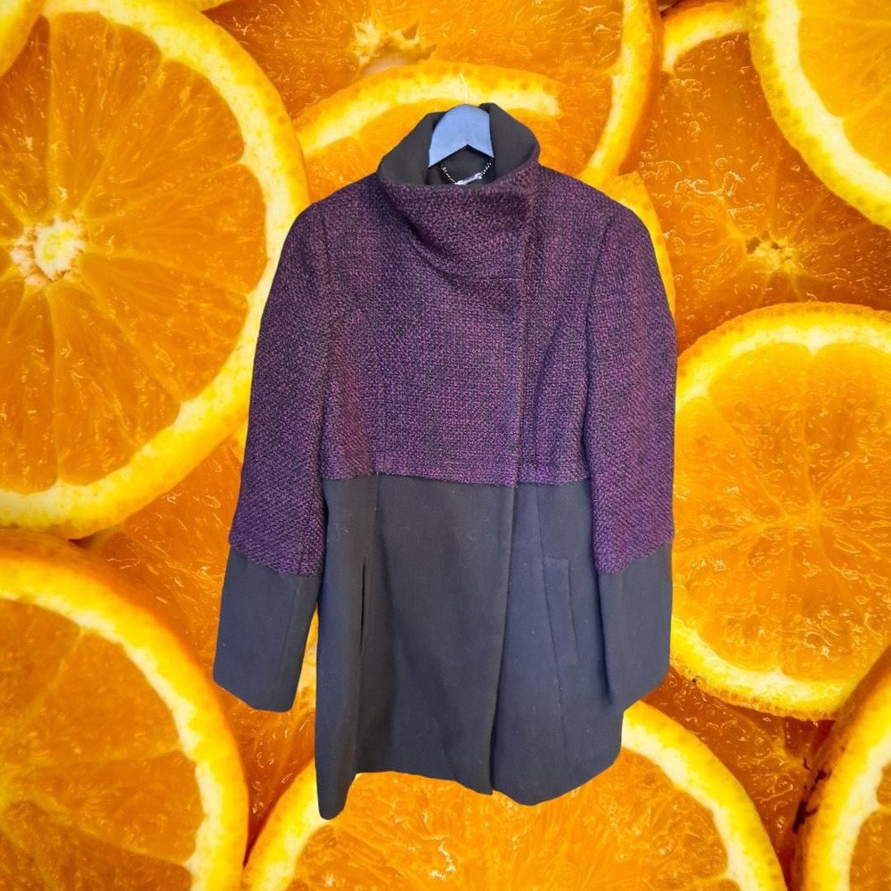 Worthington Purple Black Wool Blend Funnel Neck Asymmetrical Button Coat M